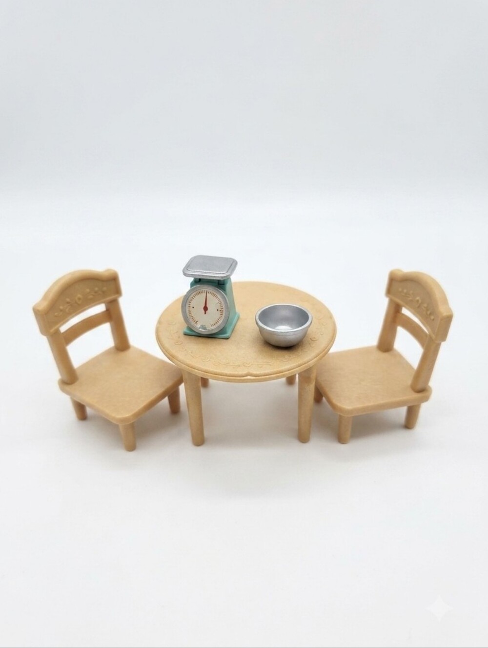 Calico Critters Vintage Kitchen Furniture Set: Table, 2 Chairs, Scale, and Bowl